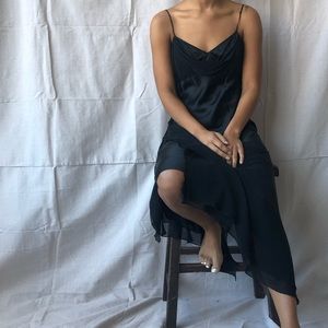 Vintage med black drape neck 100% silk slip dress
